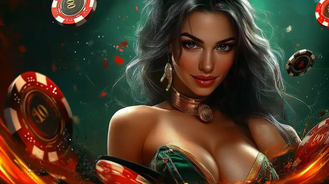 Sophisticated woman with golden jewelry surrounded by flying casino chips in dramatic green lighting