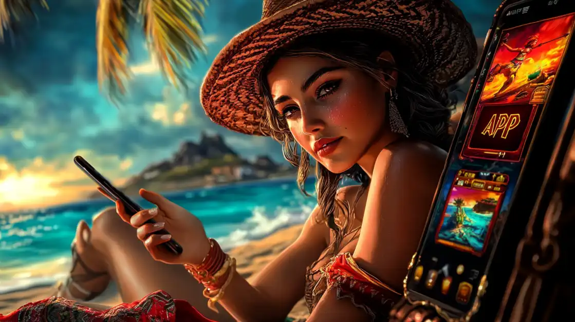 Woman in straw hat using smartphone with casino app on tropical beach with palm trees and ocean view
