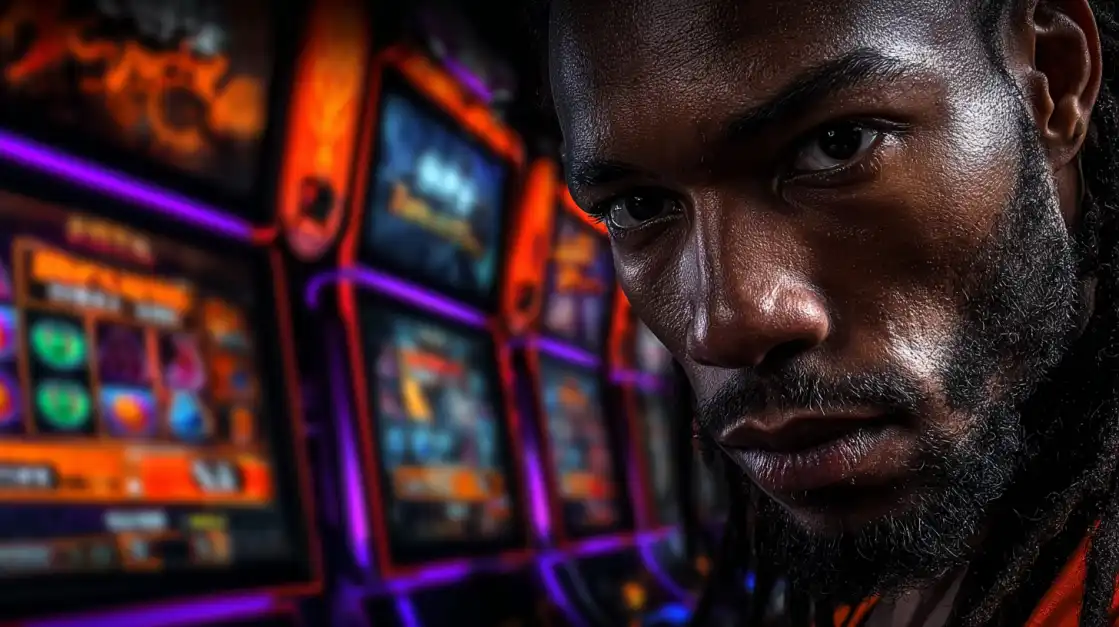 Intense portrait of bearded man in casino with colorful slot machines and neon lighting in background