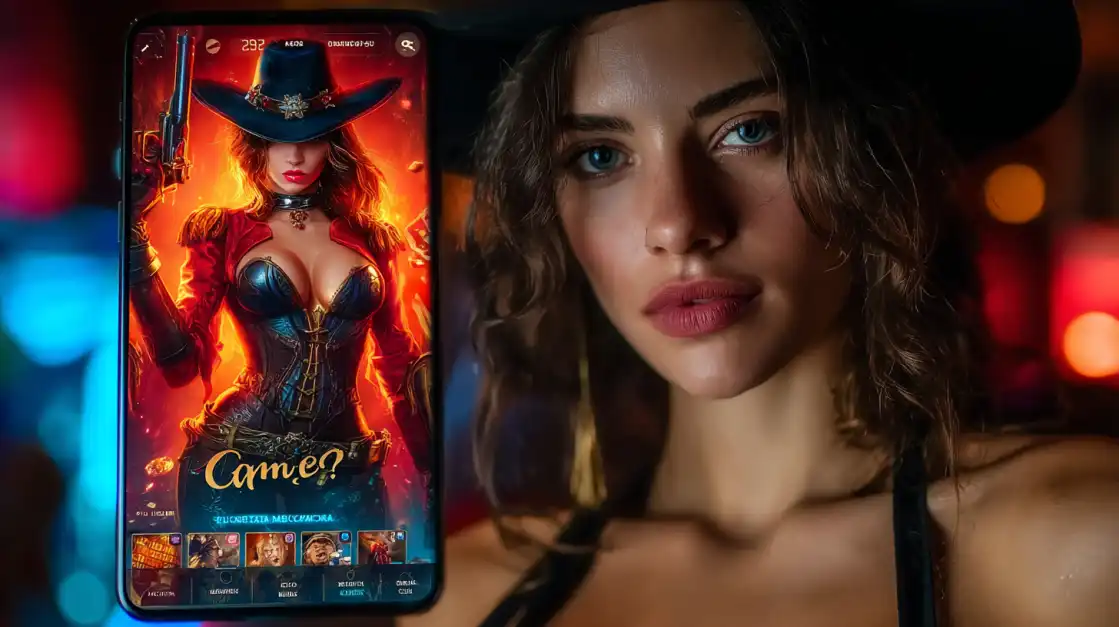 Woman holding smartphone displaying western-themed casino game with cowgirl character on screen