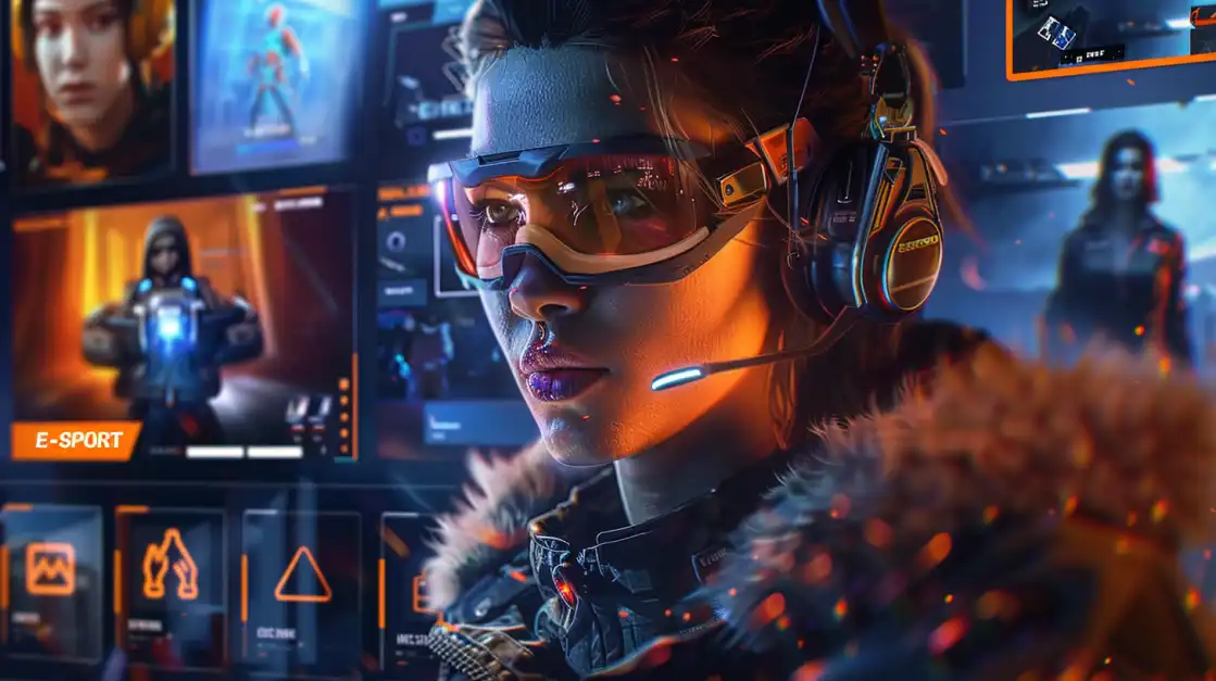 Professional female gamer with headset and tactical gear in futuristic esports environment with E-SPORT text