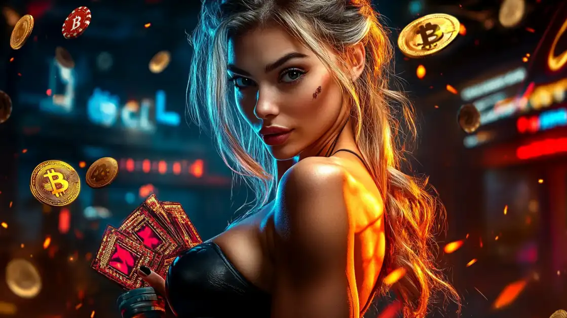 Stylish blonde woman holding ornate box with Bitcoin symbols and casino chips floating around her