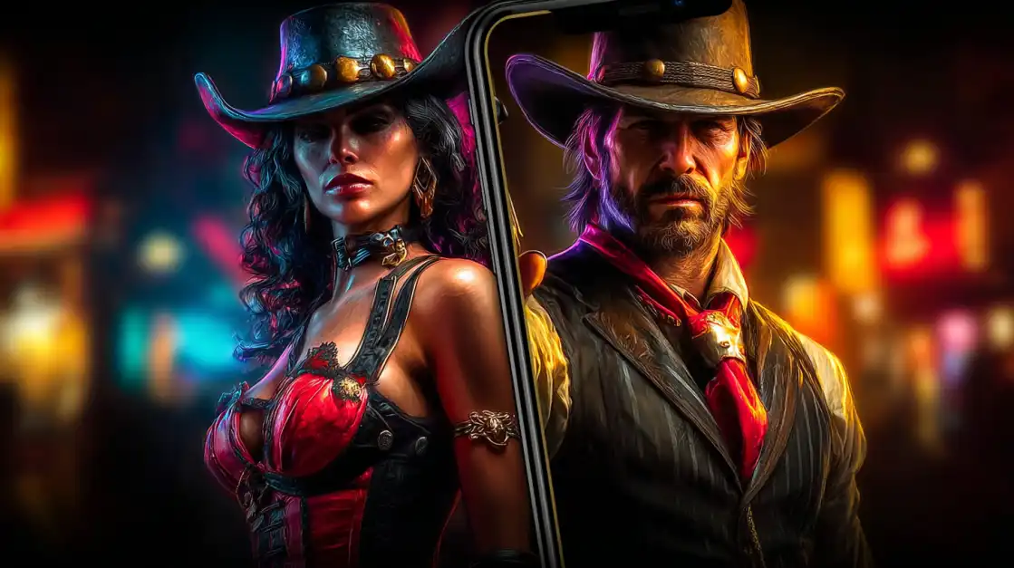 Western-themed cowboy and cowgirl duo in traditional hats and outfits with dramatic lighting in saloon setting