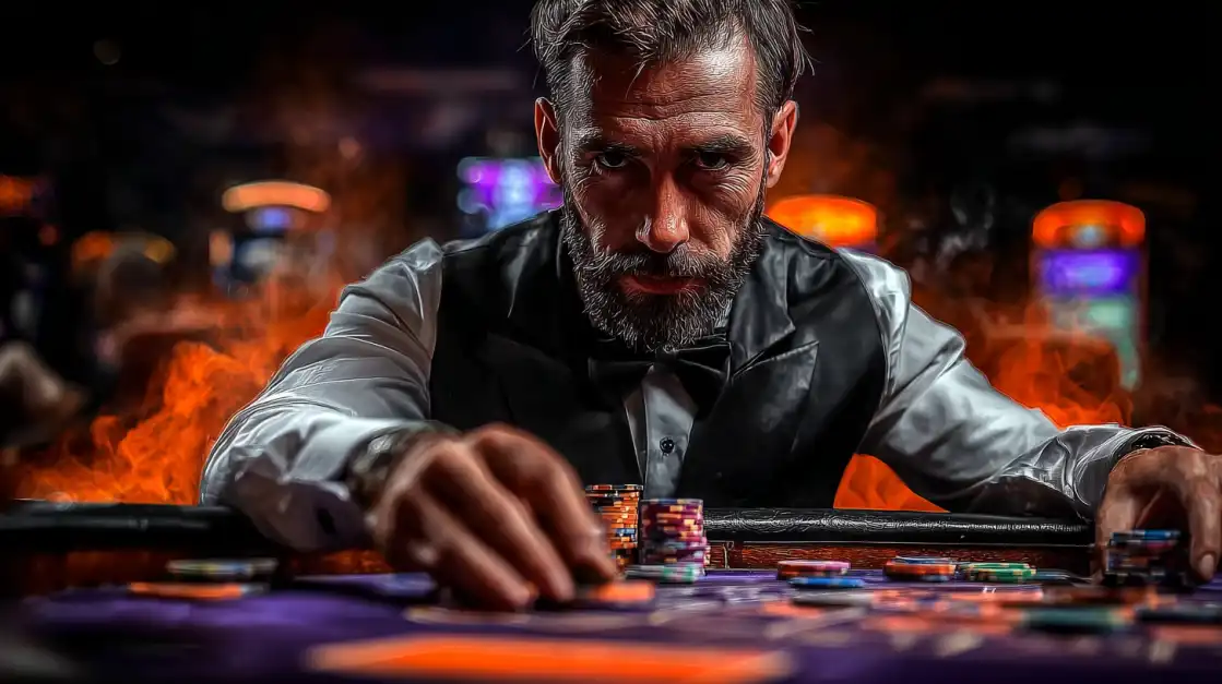 Experienced male casino dealer in bow tie and vest with poker chips at gaming table in upscale casino
