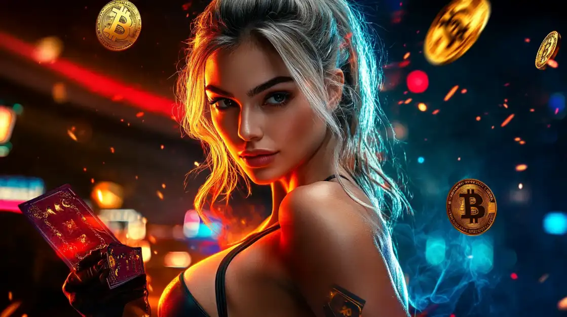Beautiful woman with blonde hair holding playing cards surrounded by floating Bitcoin symbols