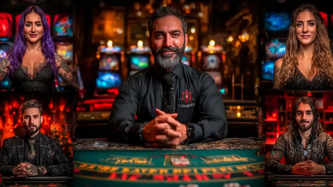 Professional casino dealers team with bearded male dealer in center and female dealers at gaming tables