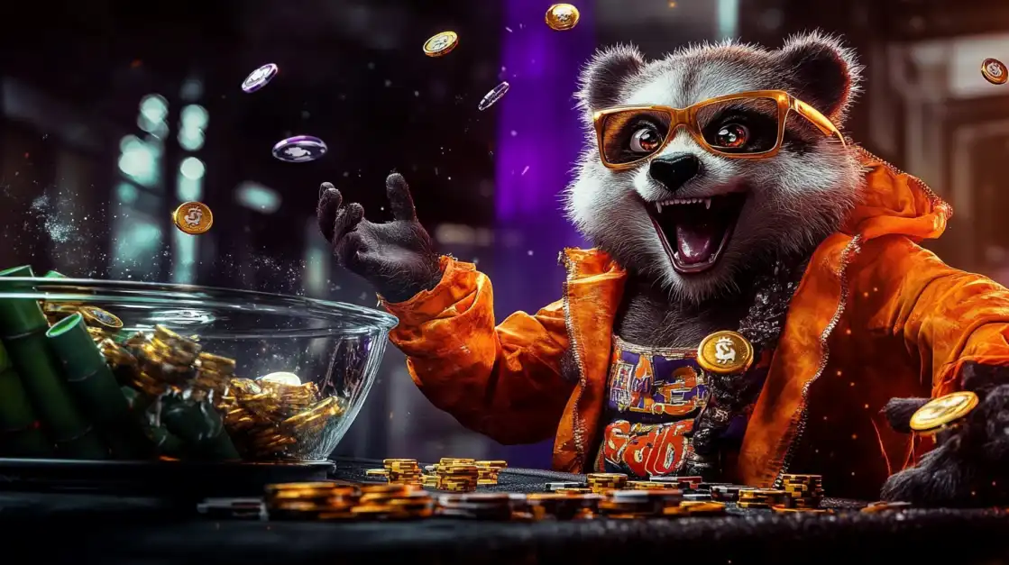 Animated raccoon character in orange hoodie and sunglasses celebrating with casino chips and coins