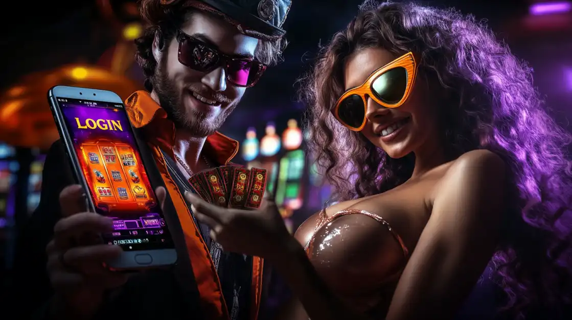 Trendy couple in sunglasses showing smartphone with Login screen and casino games in nightclub setting