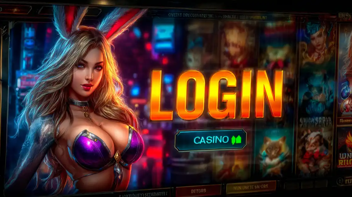 Fantasy-themed woman in armor-style outfit with Login and Casino text surrounded by slot machine screens