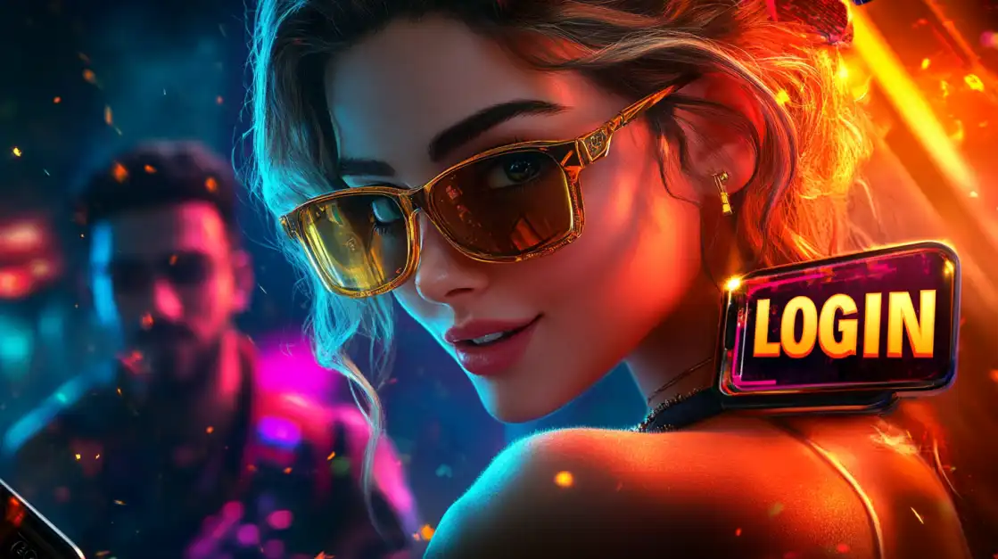 Fashionable woman in golden sunglasses with Login neon sign in vibrant casino lighting atmosphere