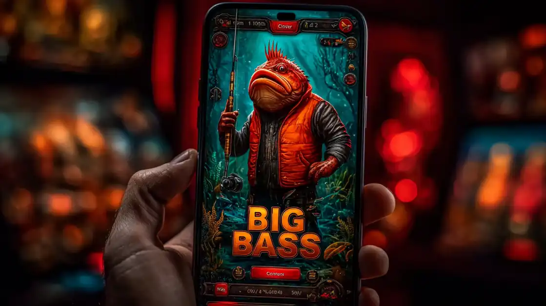 Hand holding smartphone displaying Big Bass slot game with fish character in orange vest underwater scene