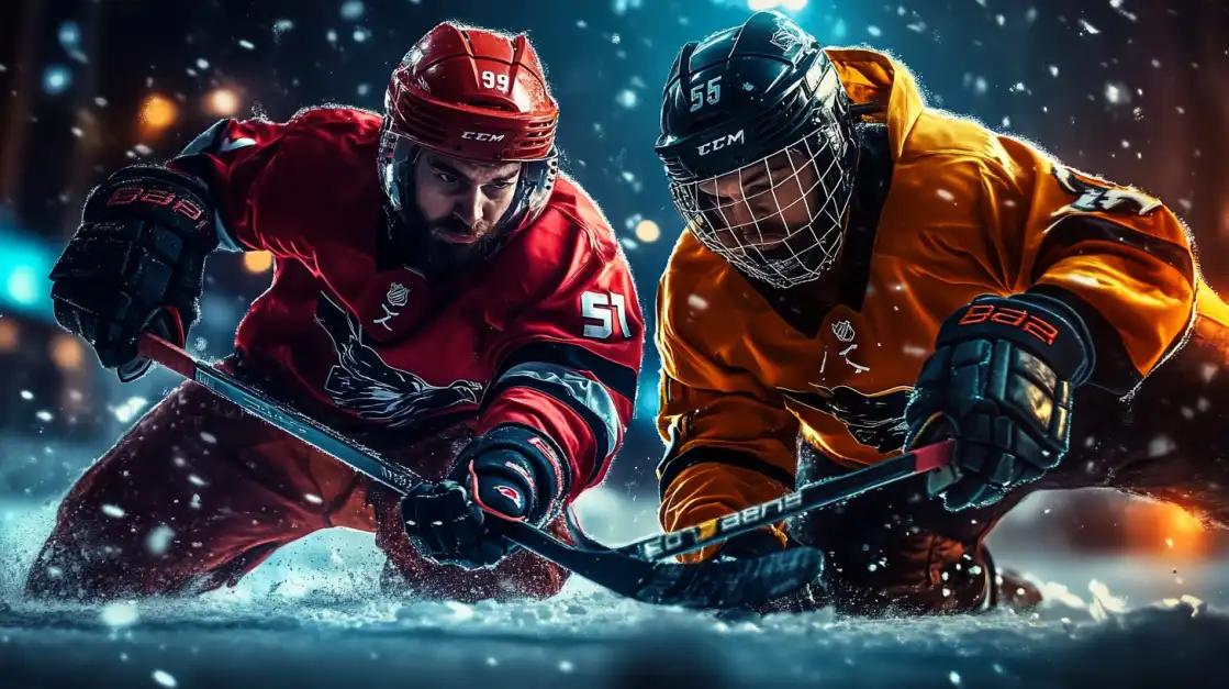 Two hockey players in red and orange uniforms competing on ice with hockey sticks in winter sports action