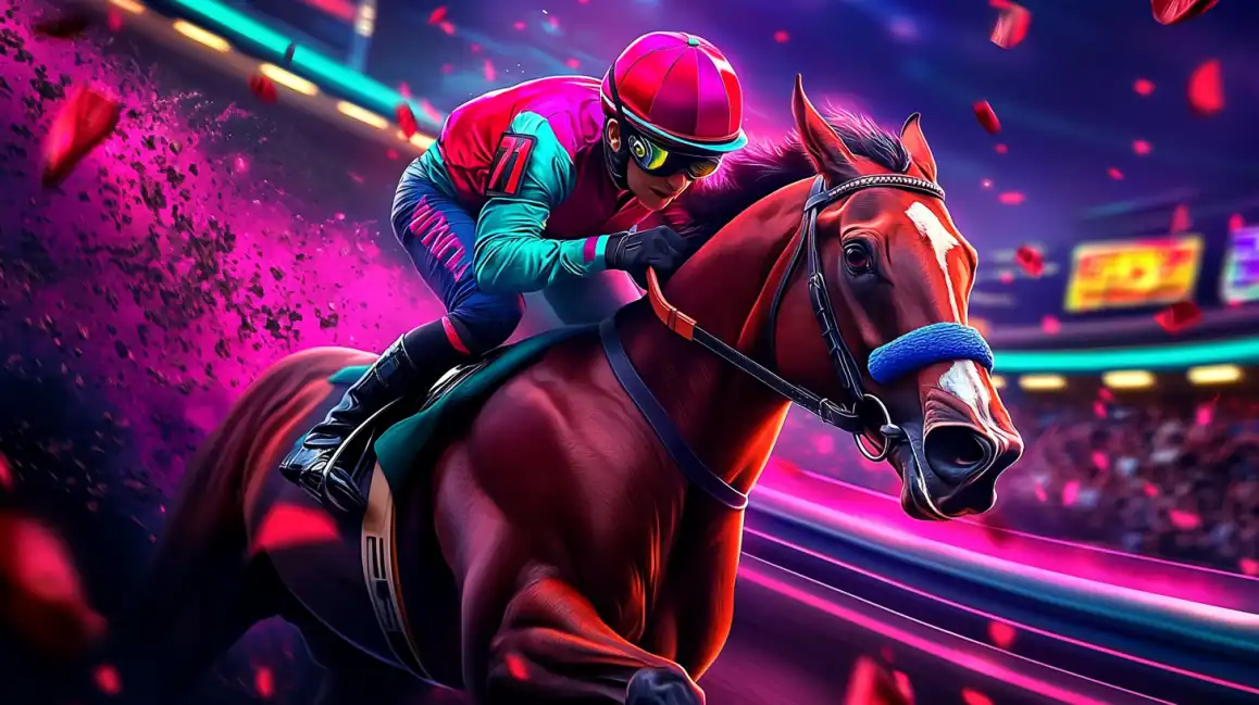 Jockey in pink helmet racing on horseback in vibrant neon lighting with futuristic racing atmosphere