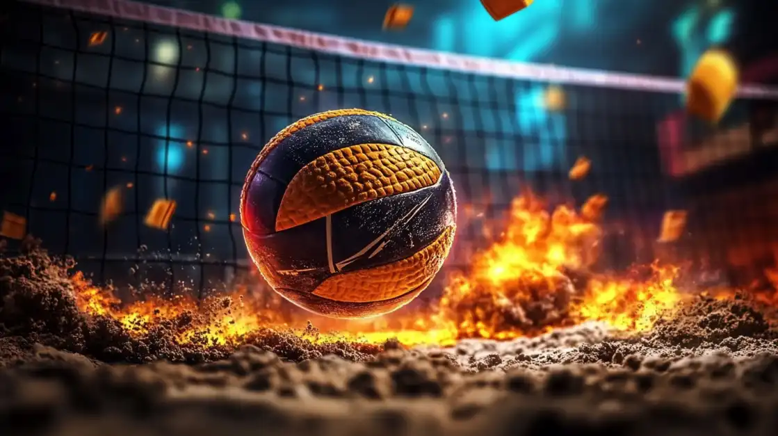 Dramatic volleyball in flames with net and court in cinematic sports betting atmosphere