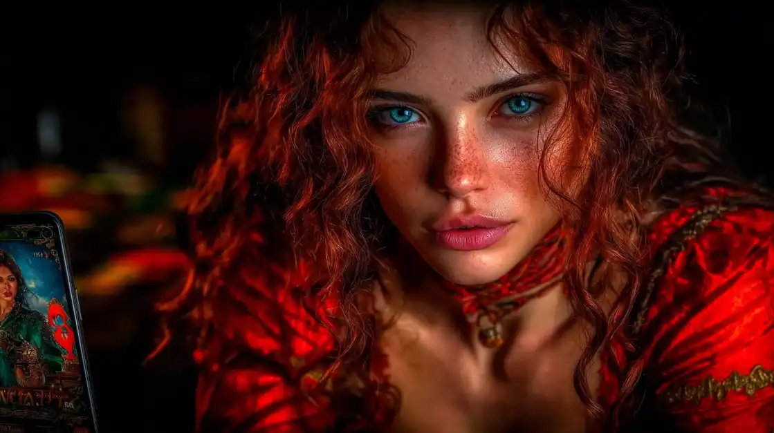 Beautiful redhead woman with freckles and blue eyes holding smartphone with casino game in atmospheric lighting